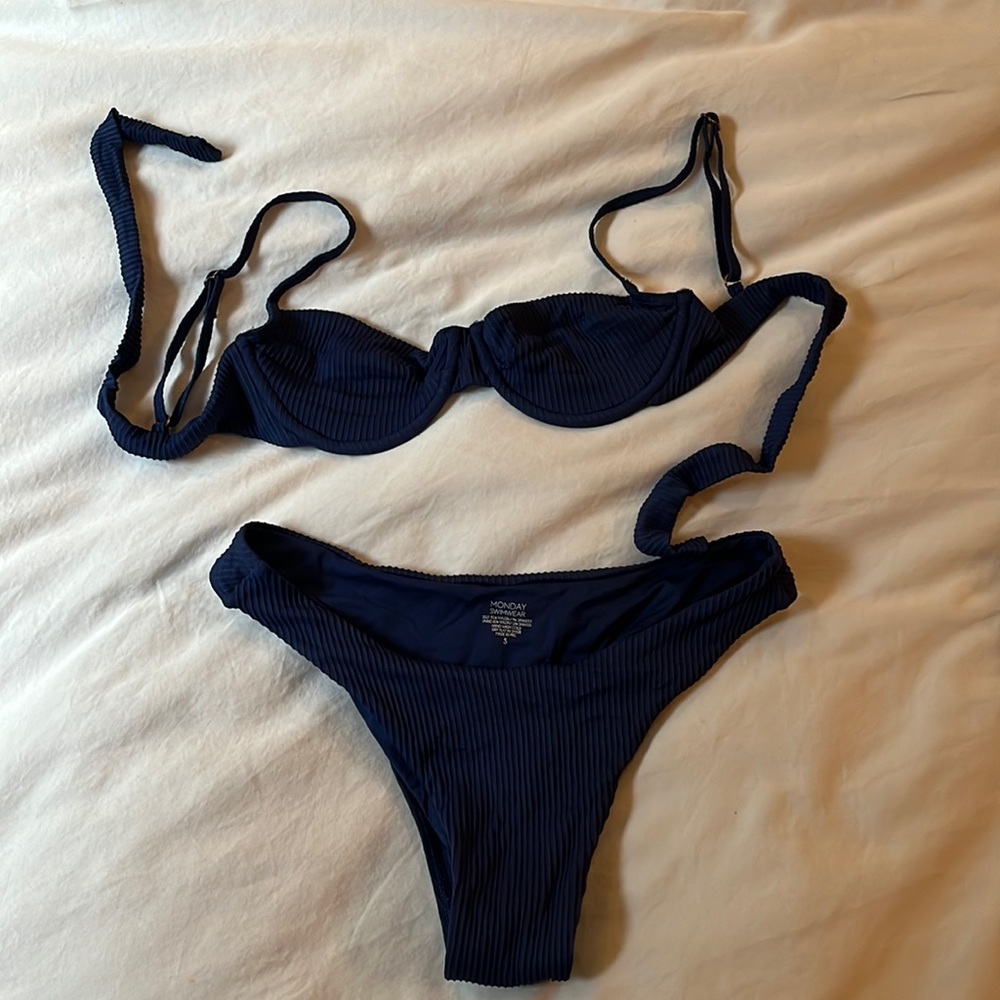 Monday Swimwear Ribbed Navy Blue Bikini Top Petite size